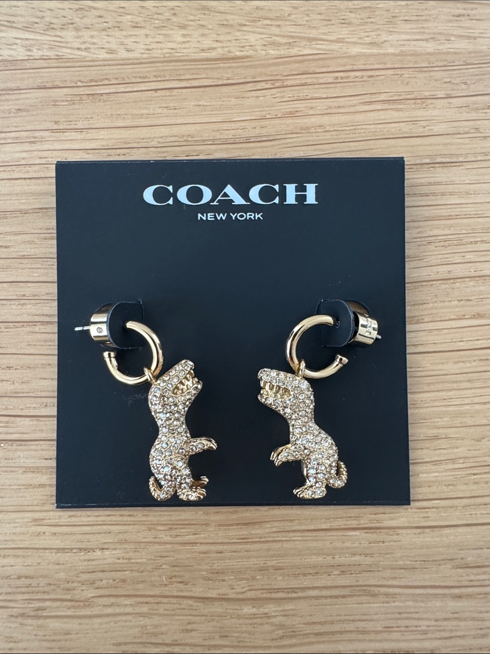 NWT Coach Gold Crystal T-rex Dinosaur Hoop Earrings 🦖